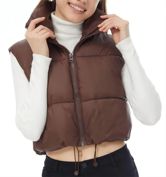 XIKUKA Womens Cropped Puffer Vest Padded Vest Winter Warm Outerwear Lightweight Zip Crop Puffy Gilet Brown-M